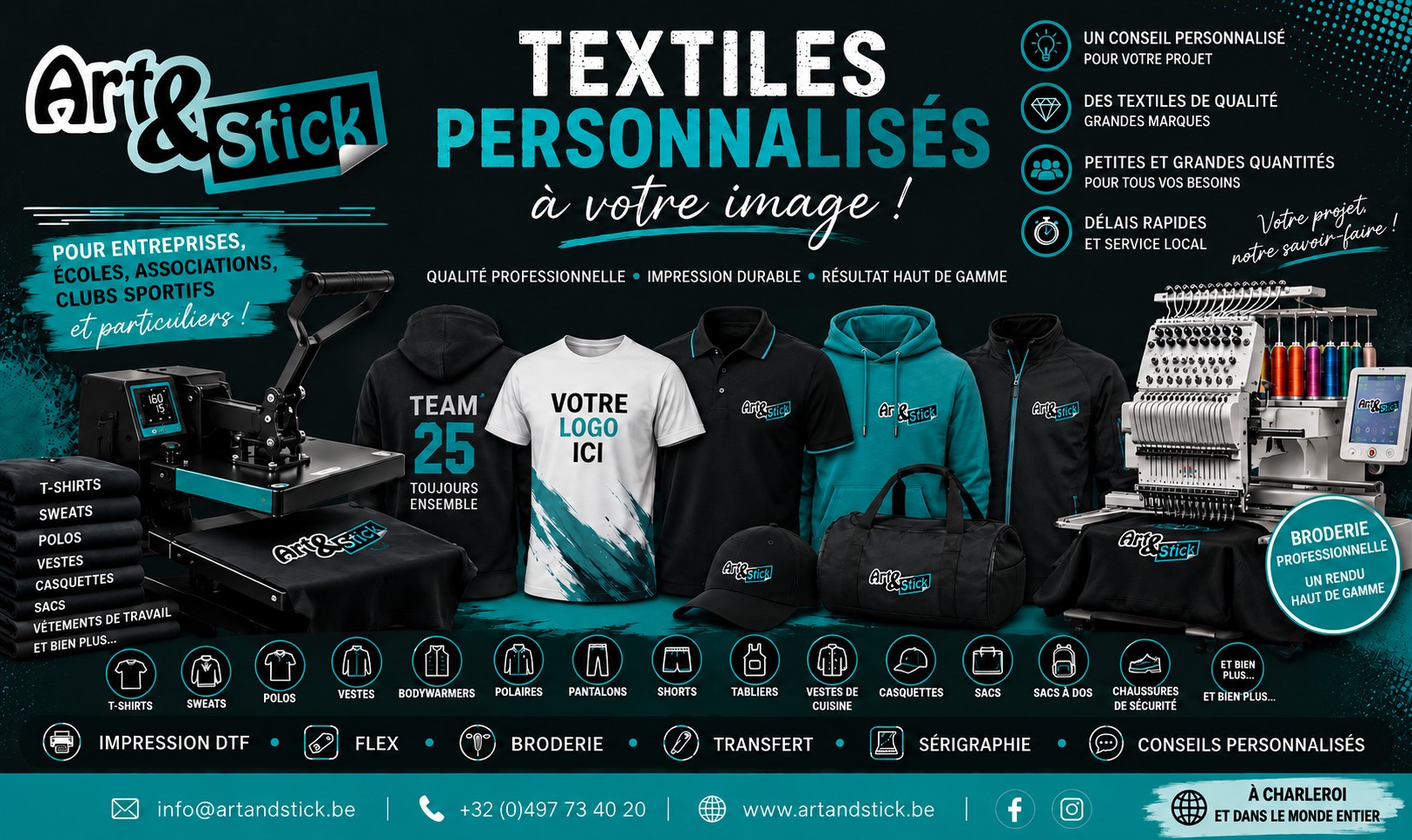 Personnalisations textiles en DTF, Broderie, Sérigraphie, ... pour les professionnels, les écoles, les associations, les clubs de sport et le privé