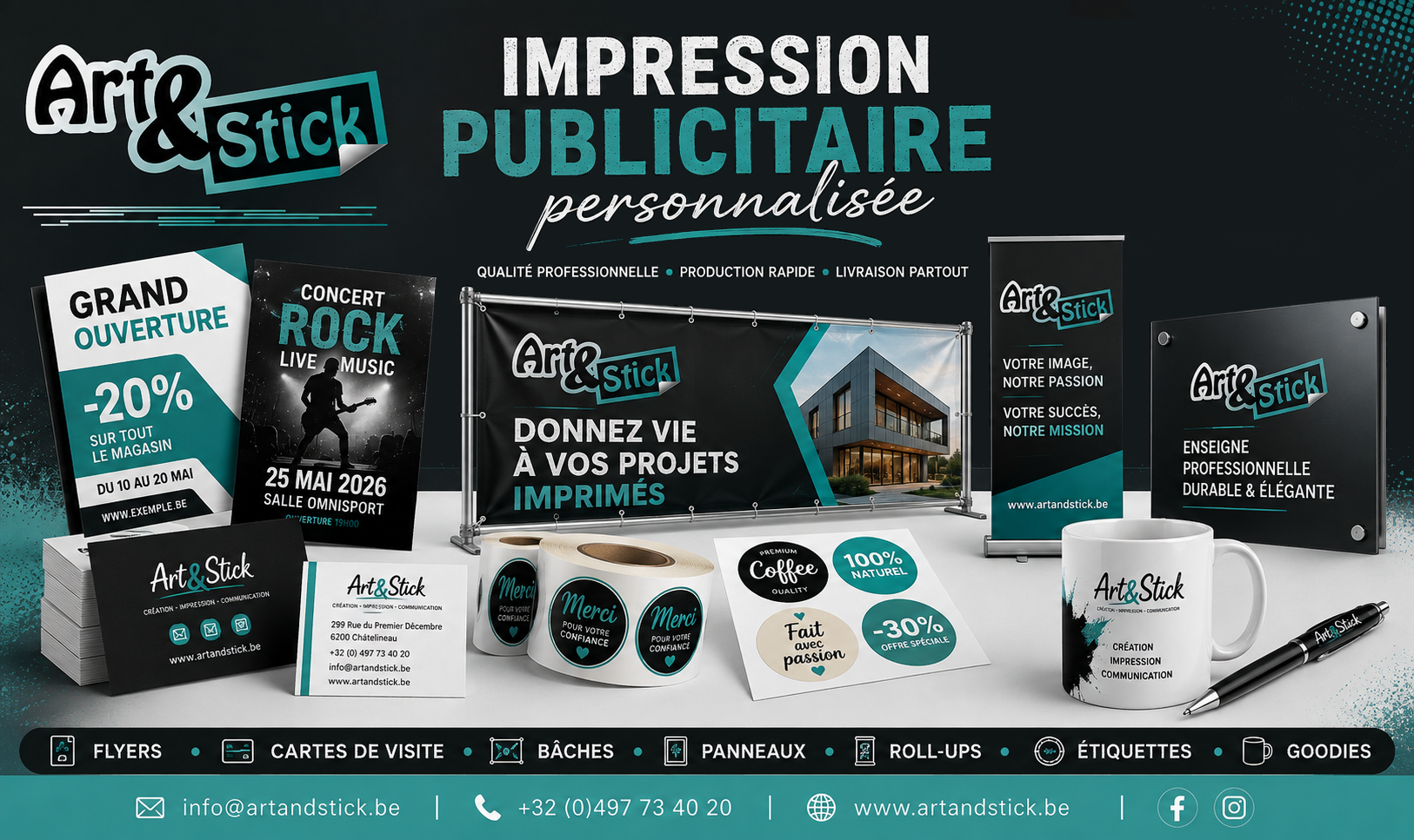 Impression publicitaire personnalisée flyers cartes de visite bâches panneaux Belgique