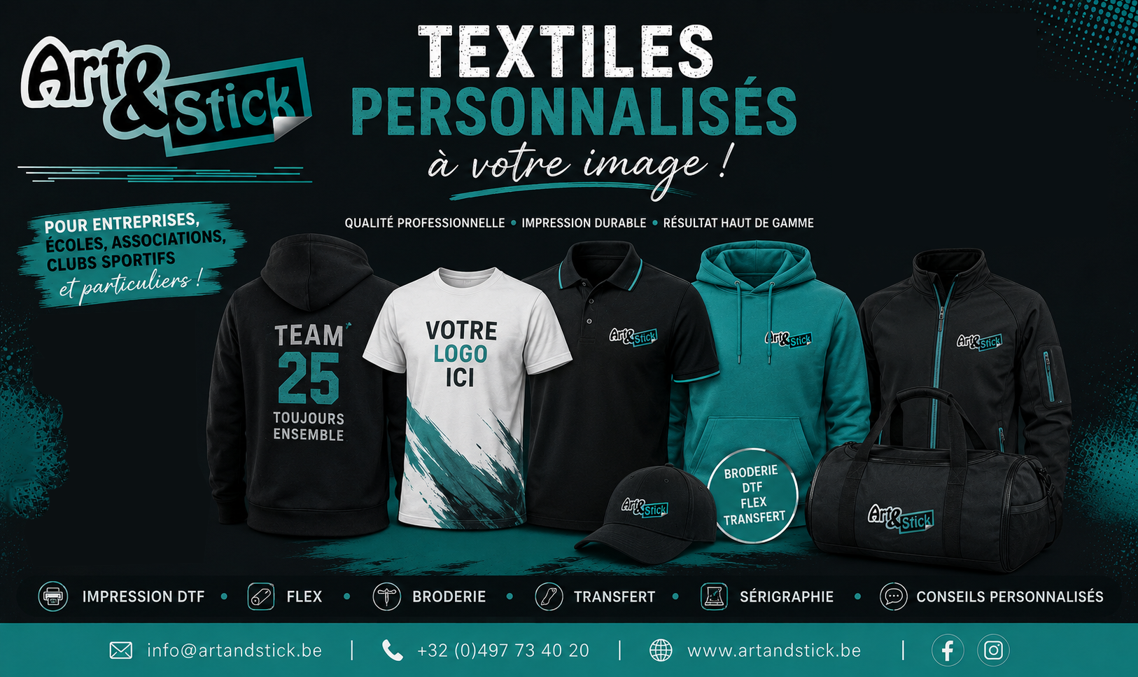 Textiles personnalisés Art&Stick : t-shirts, polos, sweats, broderie textile et impression DTF